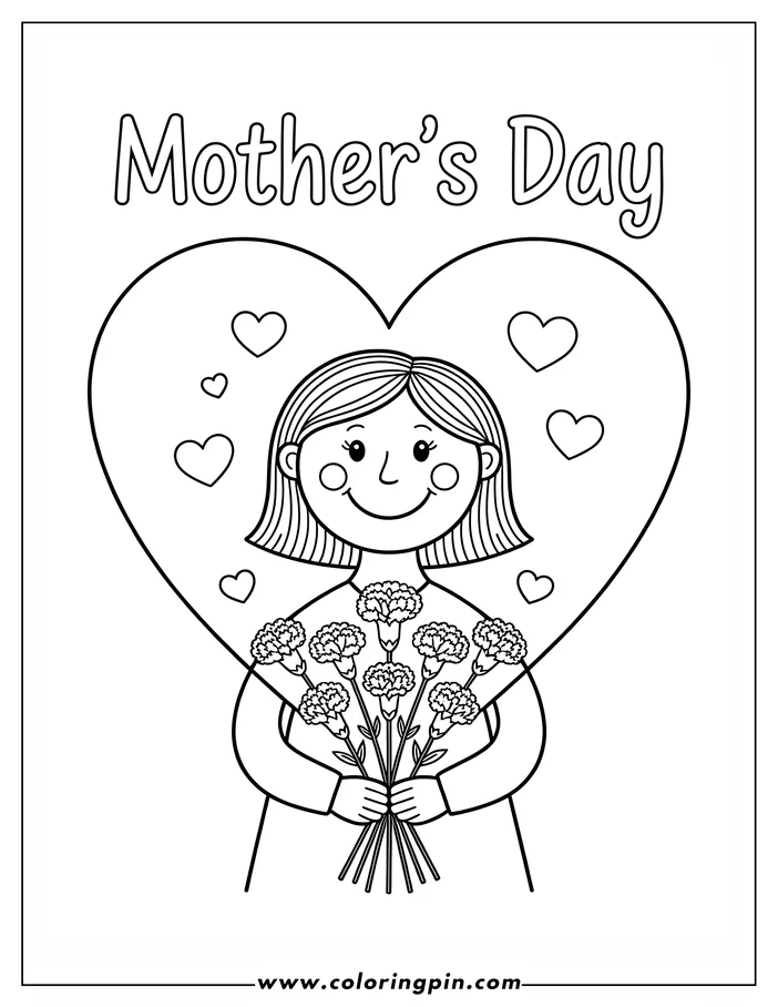 Line art of a child holding a Mother's Day bouquet of flowers within a heart filled with smaller hearts, designed as a coloring sheet.