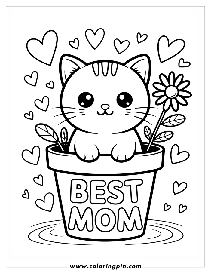 Line art of a cute cat sitting in a flower pot labeled "BEST MOM," with a daisy and hearts for Mother's Day. This is a coloring page design.