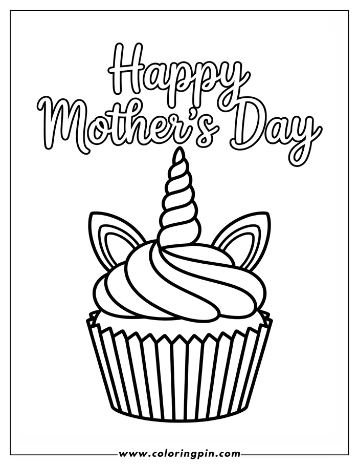Line art of a cupcake decorated with a unicorn horn and ears for Mother's Day. The frosting swirls high, and a pleated cupcake liner completes the design. Text above reads "Happy Mother's Day." Perfect for a Mother's Day coloring activity.