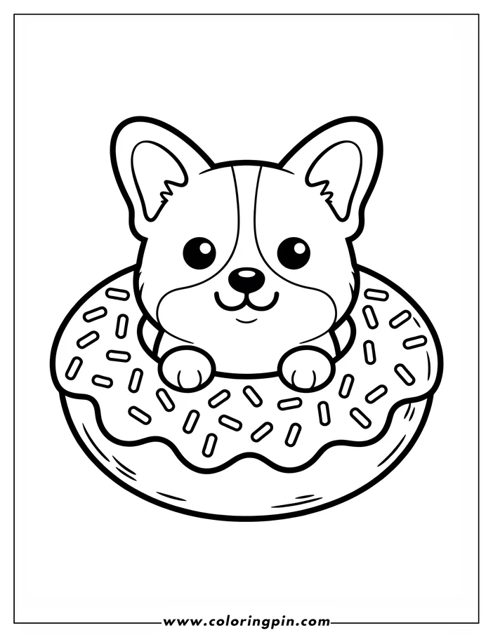 Line art of a cute cartoon dog sitting in a donut with sprinkles, a design for a Mother's Day coloring page.