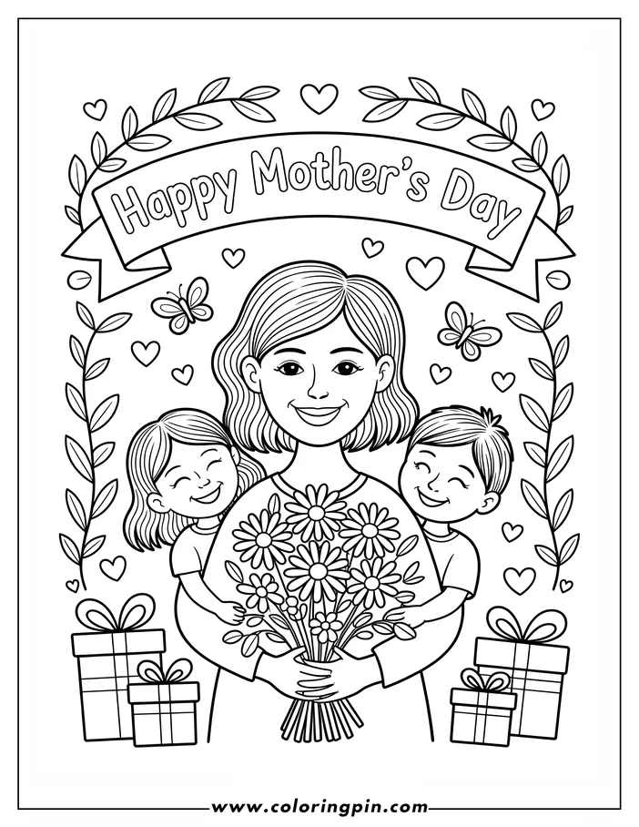 Line art of a Mother's Day scene with a mother holding a flower bouquet, hugged by her daughter and son, surrounded by presents and hearts, designed as a coloring page.