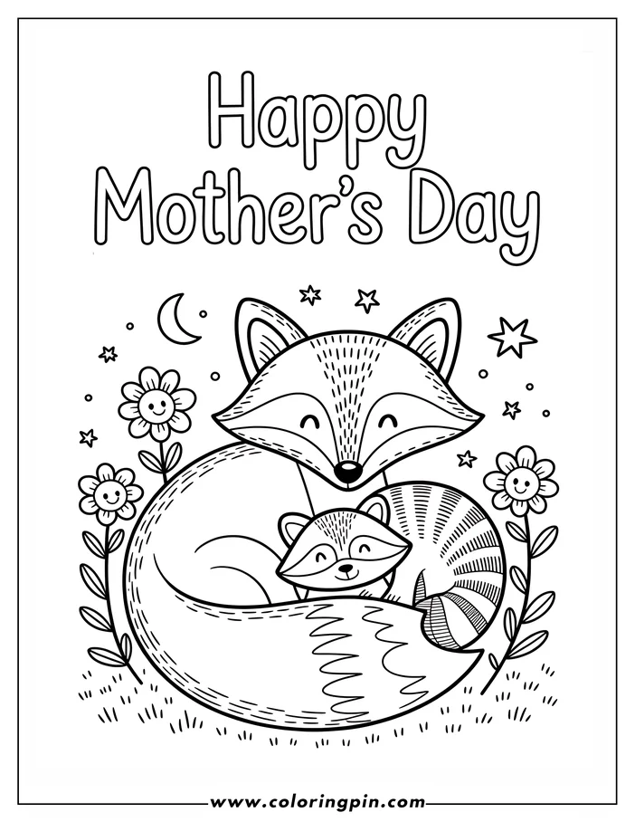 Line art for a Mother's Day coloring page shows a mother fox with her baby nestled in her curled tail. They are surrounded by smiling flowers, a crescent moon, and stars. 