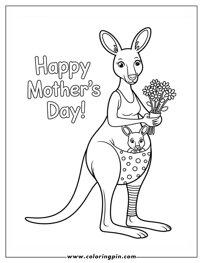Line art of a kangaroo mother holding a bouquet for Mother's Day, with her joey peeking from her pouch, designed for coloring.