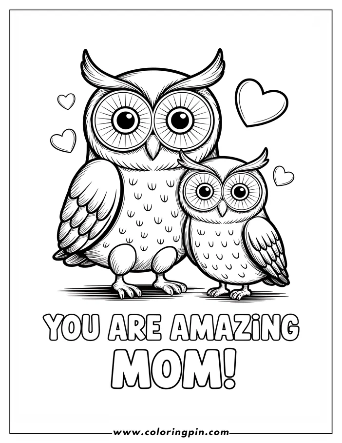 Line art of two owls, likely a mother and her baby, for a Mother's Day coloring page. They have large eyes and detailed feather patterns. Hearts surround them and the words 'You Are Amazing Mom!' appear below. 