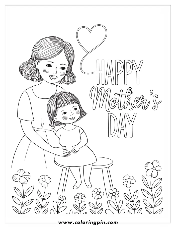 Mother's Day coloring sheet design featuring a mother and child. The child sits on a low stool while the mother stands behind, her arm resting on the child's back.  Simple flowers line the bottom edge, and the words 'Happy Mother's Day' are incorporated in the design.