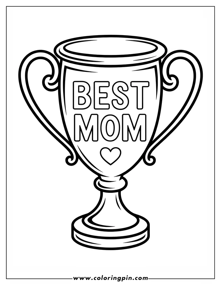 Line art of a Mother's Day trophy with the words "BEST MOM" and a small heart, designed as a coloring page.