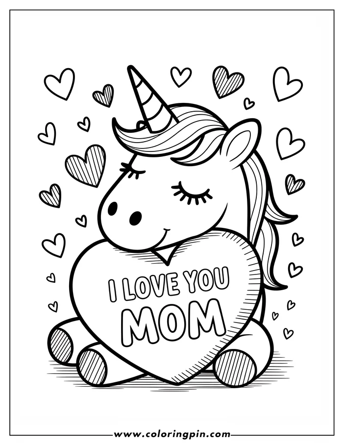 Line art of a unicorn for Mother's Day.  The unicorn hugs a large heart that reads 'I love you, Mom'.  Small hearts float around the unicorn. This is a coloring sheet design.