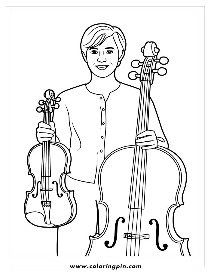 Line art of a musician holding a violin and a cello.  They appear ready to play.