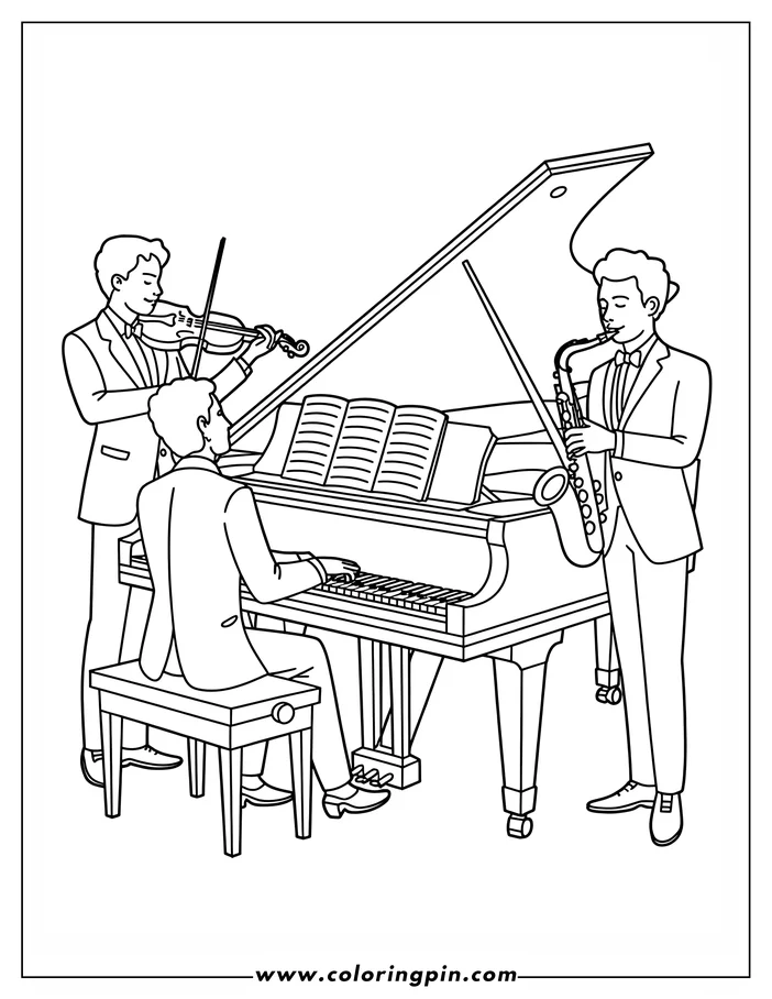 Line art of three musicians playing a piano, violin and saxophone