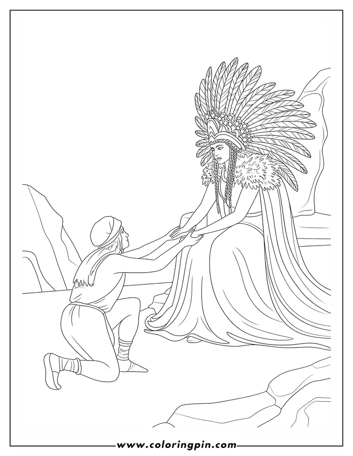 Line art of a Native American woman in a feathered headdress with a man kneeling before her.
