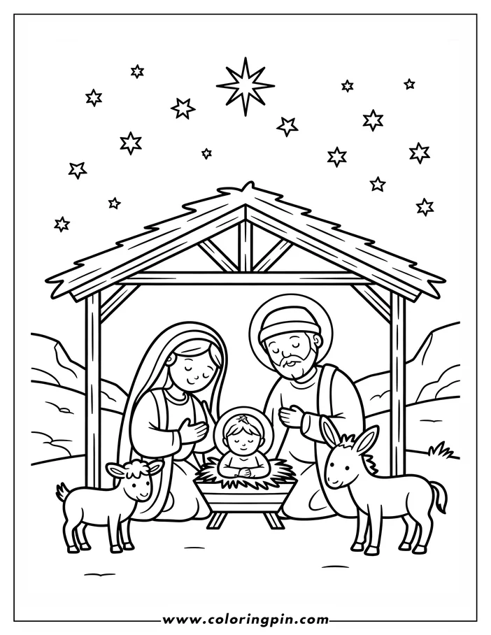 Line art of the nativity scene. Mary and Joseph watch over baby Jesus in the manger, with a lamb and a donkey nearby under a bright star.