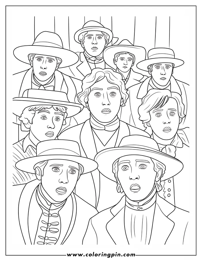 Line art of a group of newsboys with surprised expressions