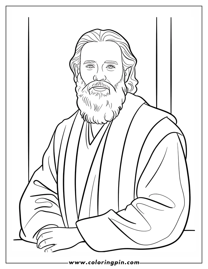 Line art of Jedi Master Obi-Wan Kenobi in a contemplative pose. He has long hair and a beard and is wearing his Jedi robes.
