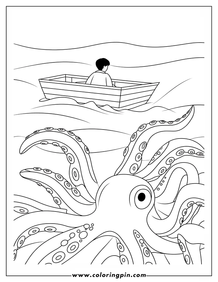Line art of an octopus reaching towards a small boat with a person inside, floating on the ocean.
