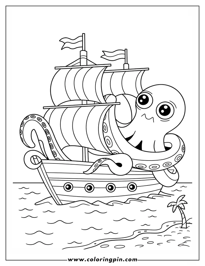 Outline of a cartoon octopus hugging a ship at sea, with a small island and palm tree in the background