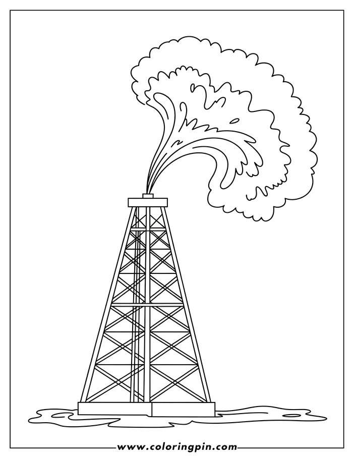 Line art of an oil derrick with oil gushing from the top.