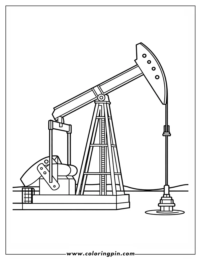 Line art of an oil pump jack extracting oil. The pump jack's metal framework and mechanical parts are visible, along with the oil well in the foreground.