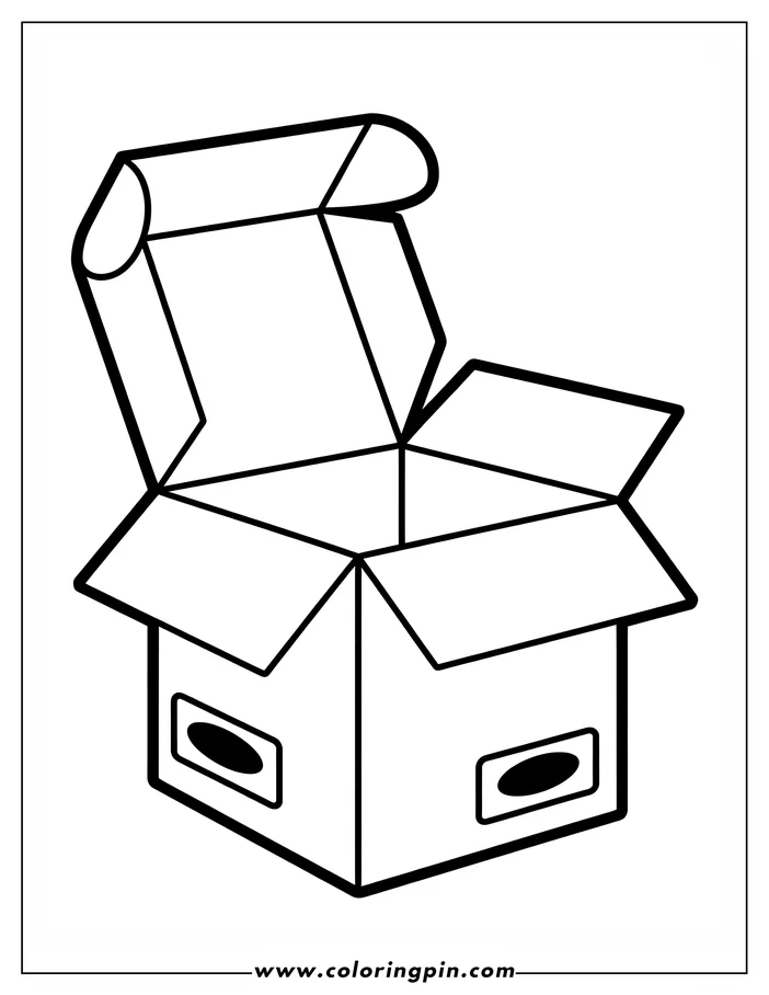 Line art of an open cardboard box with flaps folded back.