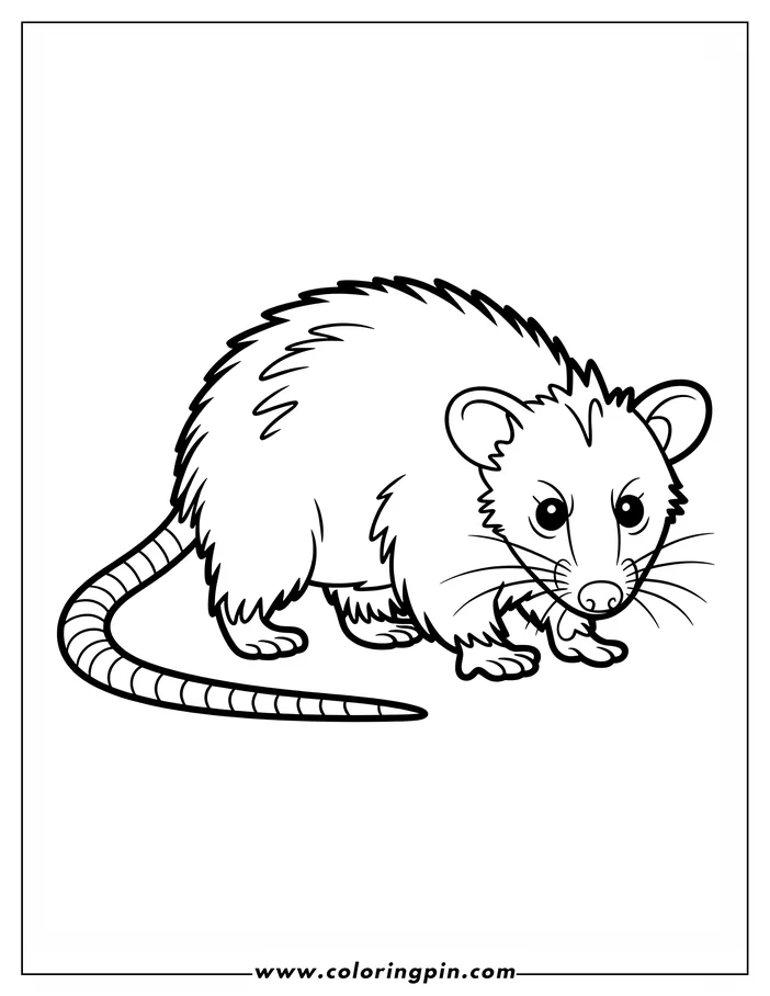 Outline of a cartoon opossum with a striped tail.