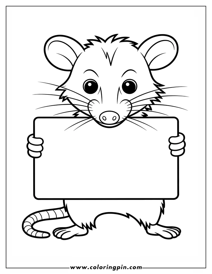 Outline of a cartoon opossum holding a blank sign