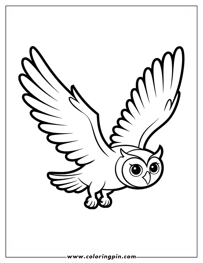 Line drawing of a cartoon owl with large eyes, flying with its wings outstretched.