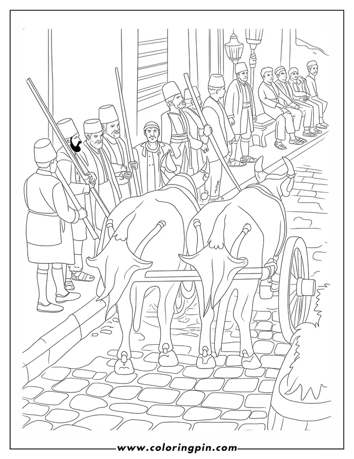 Line art of two oxen pulling a cart with several men walking on a cobblestone street.