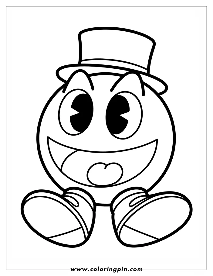 Line art of Pac-Man wearing a top hat and smiling.