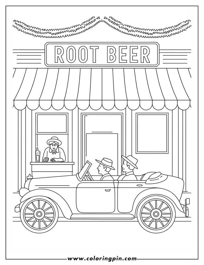 Outline of two people in a vintage car at a root beer stand. A server hands them drinks through the window.  Festive streamers decorate the stand.