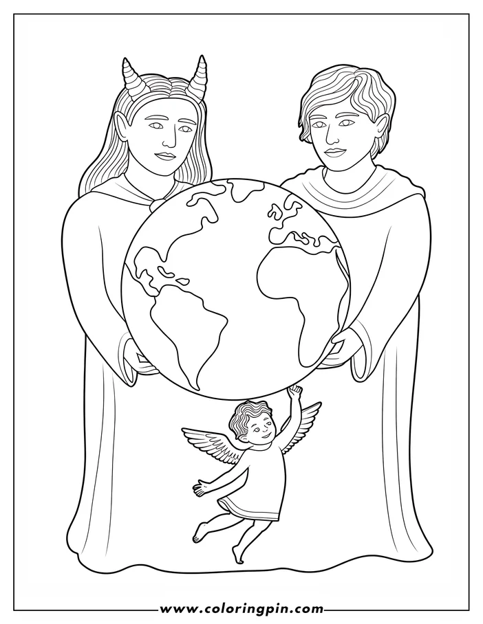Two people, one with horns, holding a globe with an angel reaching for it.