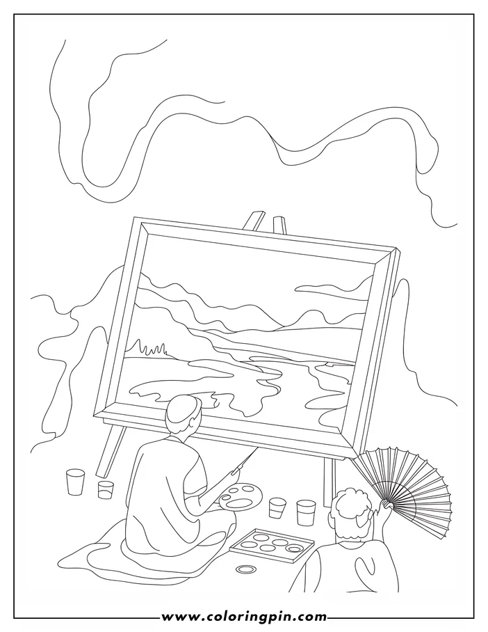 Two people painting a landscape on an easel. One person sits and paints while the other stands and fans them with a handheld fan.