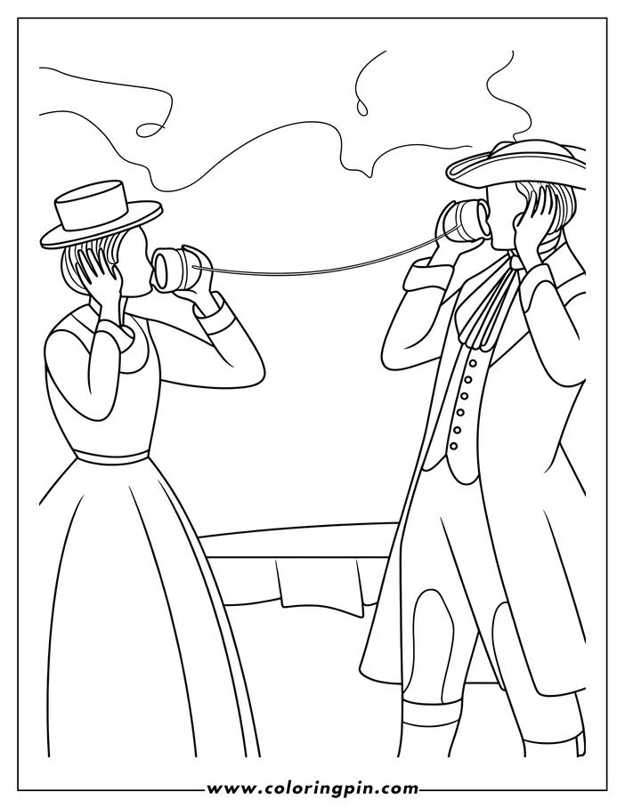 Two people using a tin can telephone