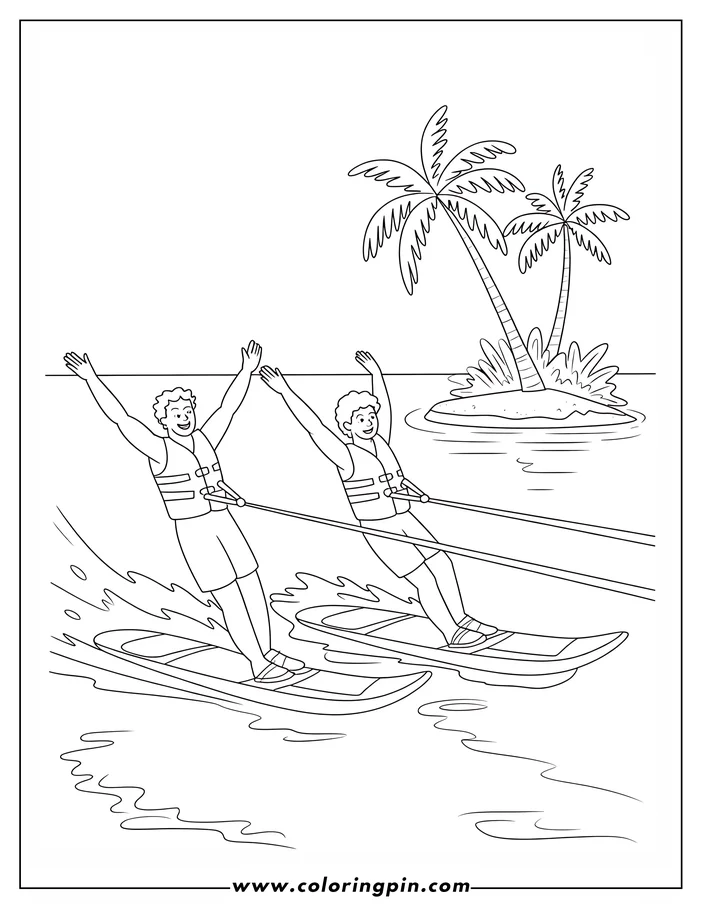 Two people waterskiing near a tropical island with two palm trees. They are wearing life jackets and have their arms raised.