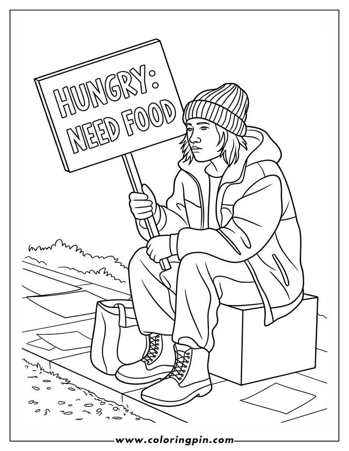 Outline of a person sitting on a box, holding a sign that reads 'Hungry: Need Food.'