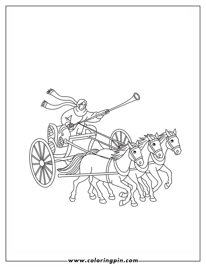 Line art of a person driving a chariot pulled by four horses, blowing a horn.