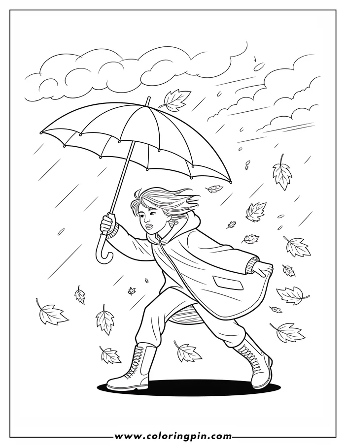Line drawing of a person in sturdy boots and long coat, holding an umbrella as rain falls and leaves swirl in the wind; coloring sheet design.