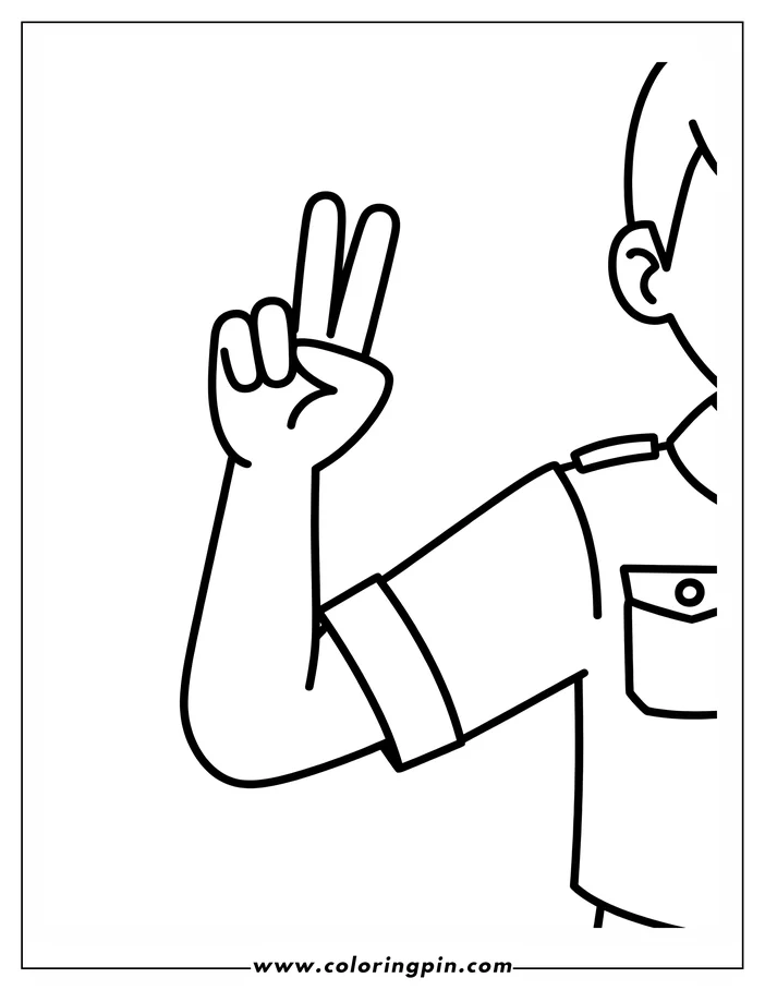 Line art of a person making the peace sign with their right hand. They wear a short-sleeved shirt with a pocket.