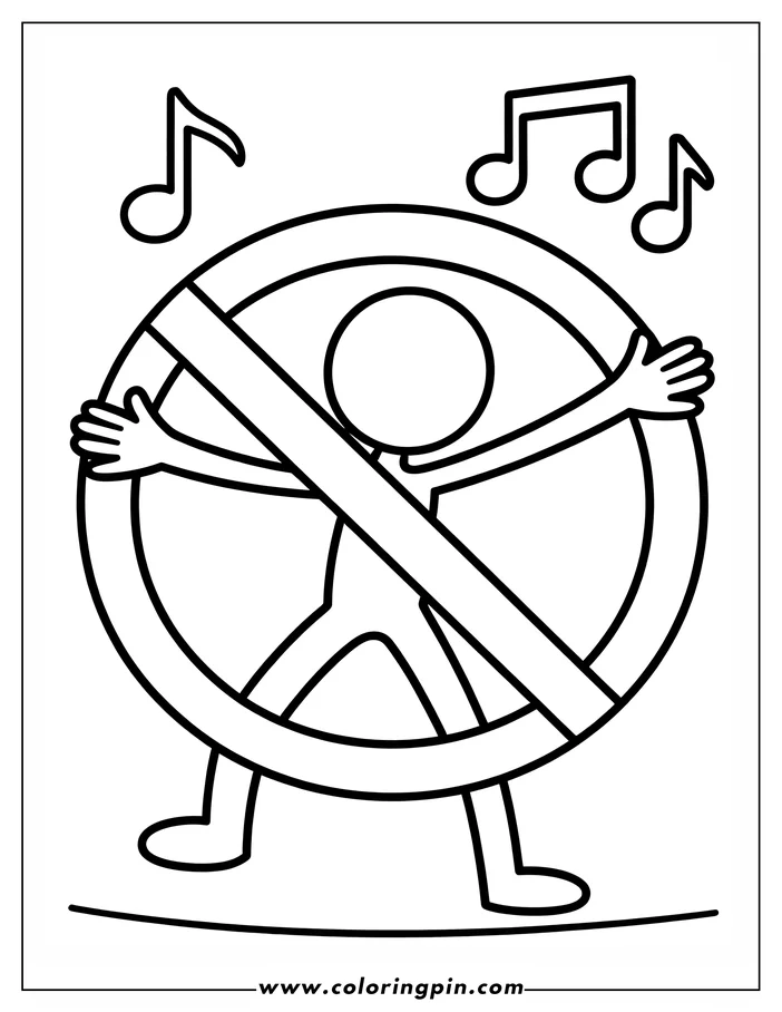 Line art of a stick figure holding a 'no' symbol over music notes