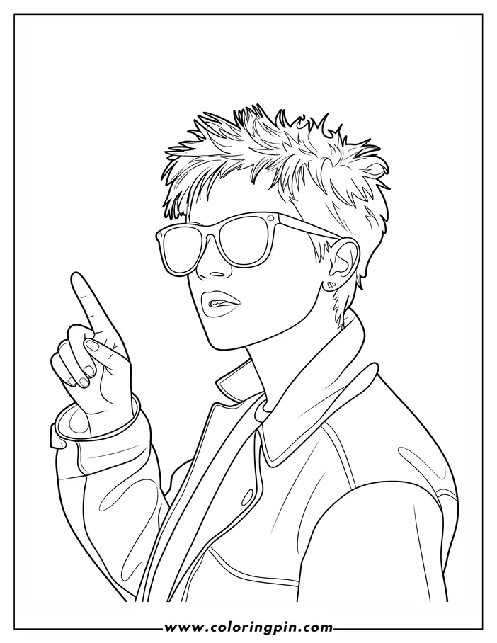Line art of a person with short hair, sunglasses, and a jacket, pointing upwards with one finger.