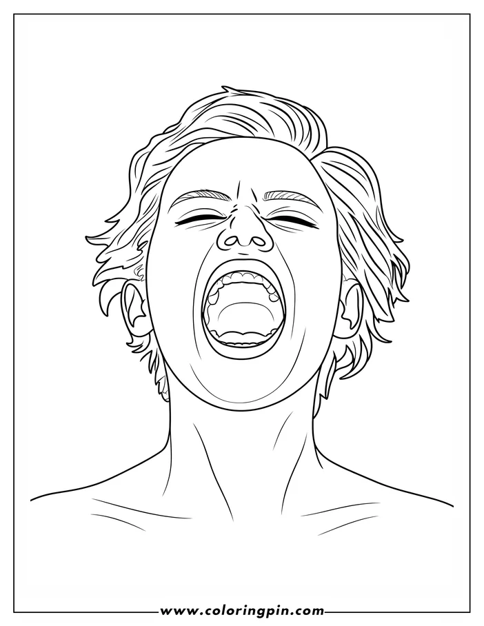 Line drawing of a person with their head tilted back, shouting with their eyes closed and mouth wide open.