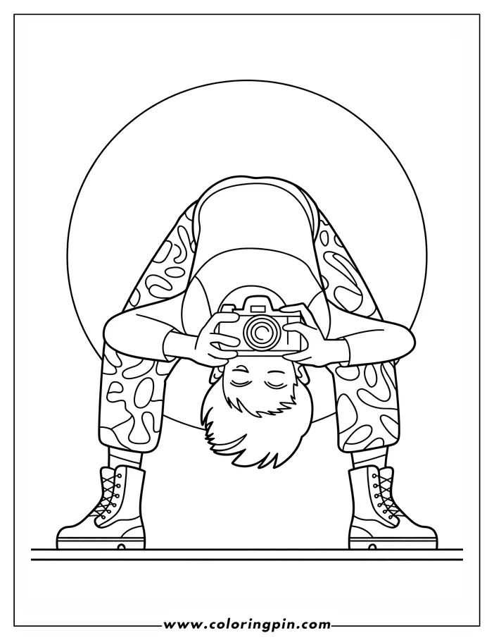 Outline of a person bending over, holding a camera up to their face as if taking a photograph. They are wearing patterned pants and boots.
