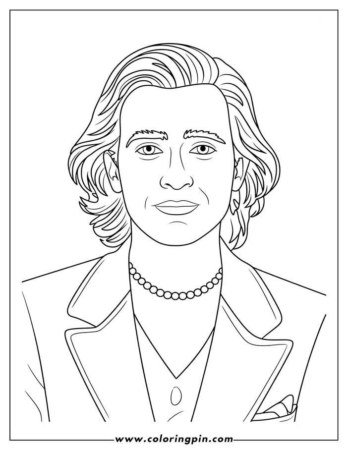 Line art of a person wearing a pearl necklace and a jacket with a handkerchief in the pocket.