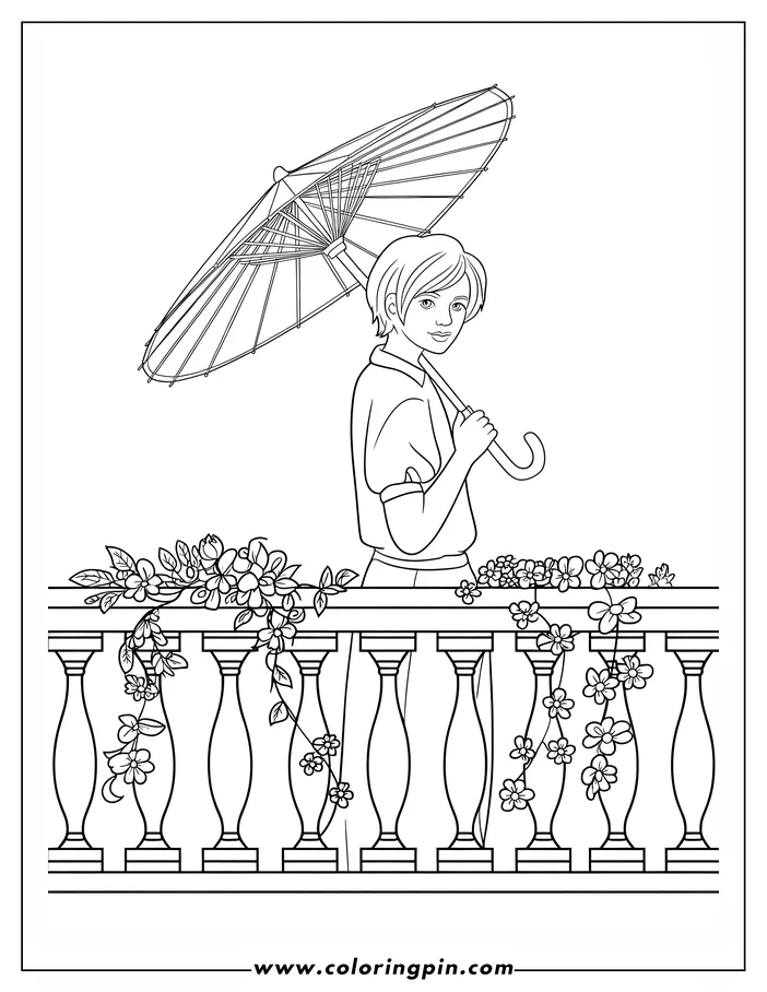 Outline of a person holding an umbrella on a flower-covered balcony.