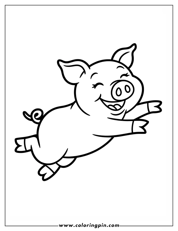 Line art of a cartoon pig joyfully flying in the air.