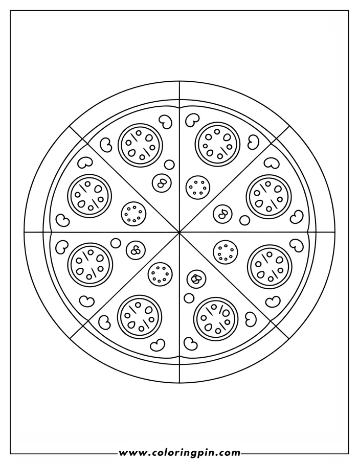 Outline of a round pizza divided into eight slices, each with pepperoni, mushrooms, and olives.