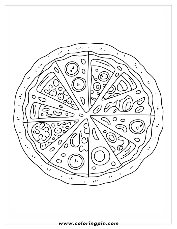 Outline of a whole pizza with various toppings, each slice showcasing something different.