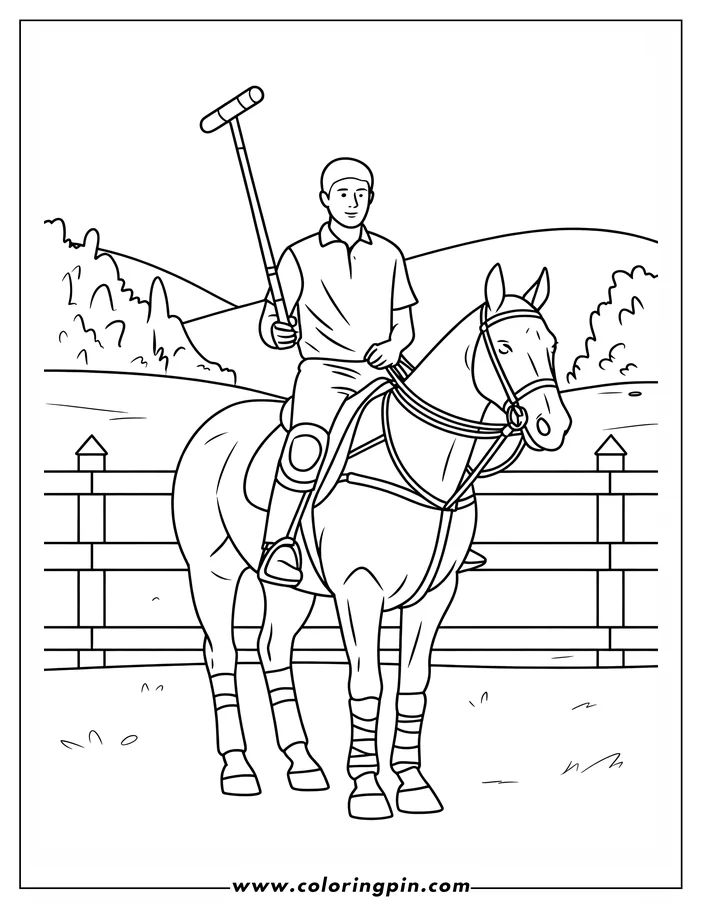 Line drawing of a polo player holding a mallet, mounted on a horse by a fence.