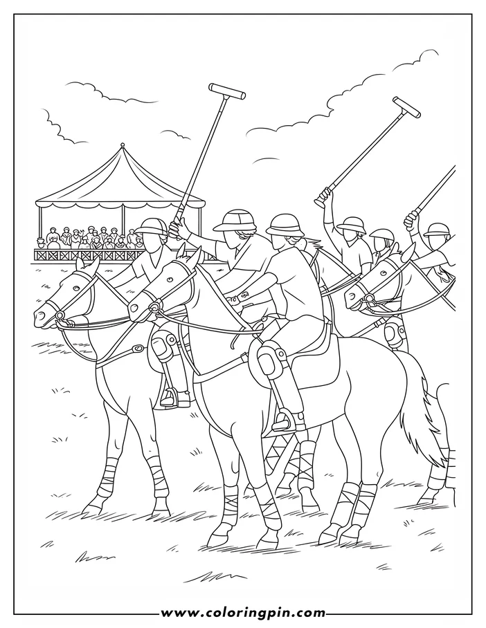 Outline of polo players on horseback during a match, with spectators and a tent in the background