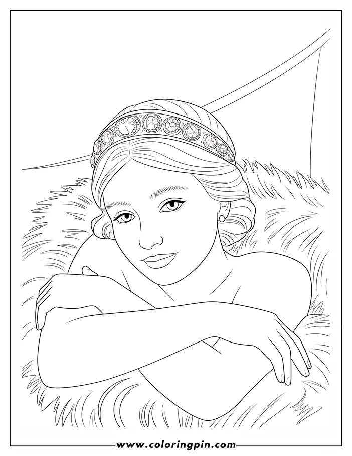 Line art of a princess with a jeweled headband, resting her arms on a fluffy surface.