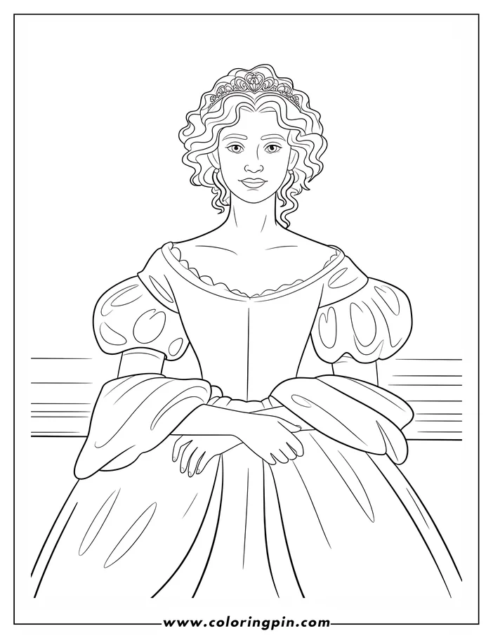 Line drawing of a princess sitting on a bench. She wears a tiara and a gown with puffed sleeves.