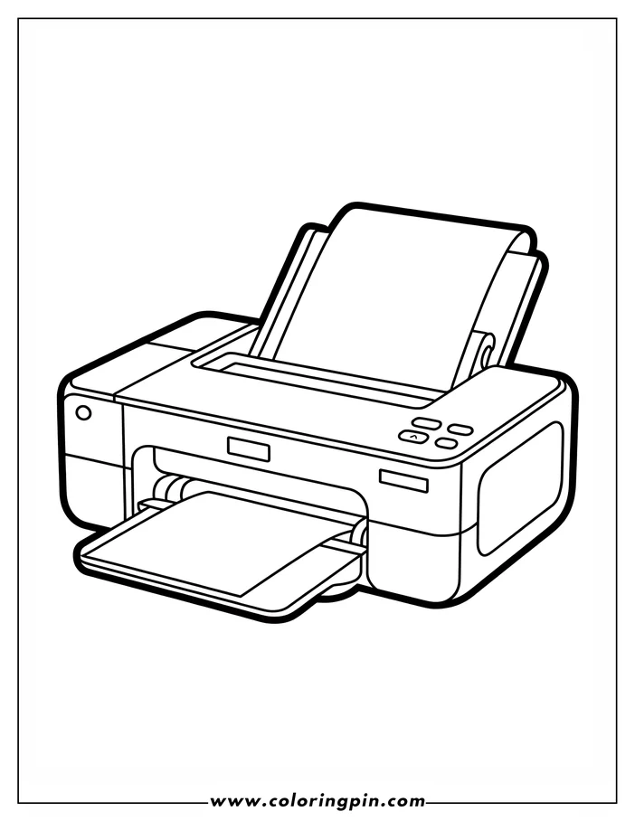 Line art of a printer with paper feeding through and a tray extended